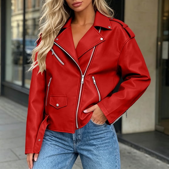 Karymi Cute Tops for Women Faux Leather Moto Jacket, Asymmetric Zip Lapel Belted Oversized Biker Coat, Retro Streetwear Fake Leather Outerwear Womens Tops