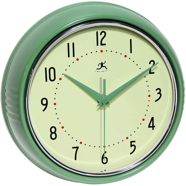 Infinity Instruments LTD. Horloge Murale Rétro 9 Pouces Silencieuse Sans Tic-Tac Moderne Mi-Siècle pour Cuisine Mouvement Quartz Horloge Murale Décorative (Verte)