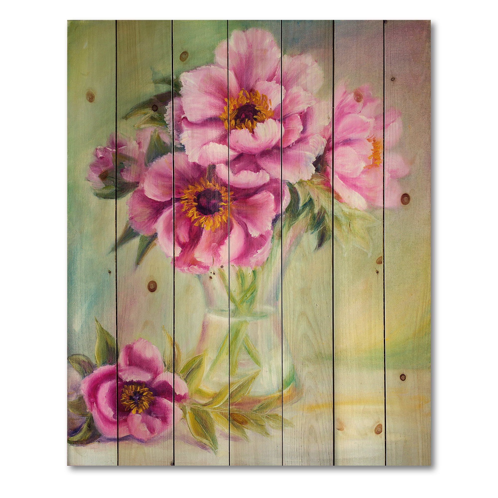 Designart 'Purple Peonies In Vase Still Life' Traditional Print on Natural Pine Wood