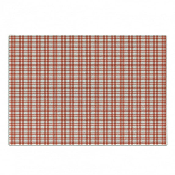 Plaid Cutting Board, Colored and Checkered Country Picnic Pattern Repeating Squares Stripes Modern, Decorative Tempered Glass Cutting and Serving Board, Small Size, Vermilion White, by Ambesonne