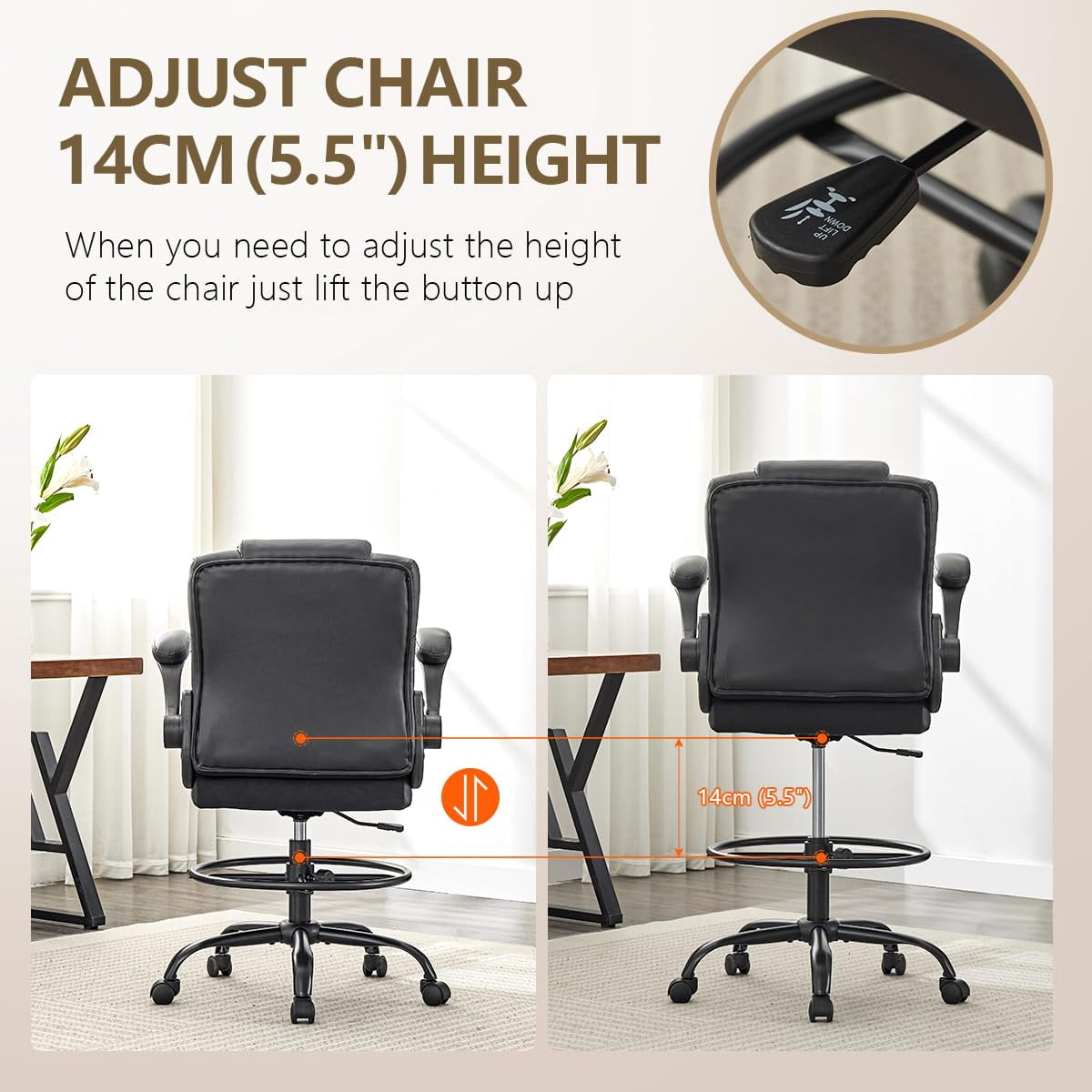 JONPONY 500 lbs Tall Office Chair with Flip-up Armrests for Standing Desk Executive Ergonomic Computer Leather Desk Chair with Lumbar Support, Adjustable Foot Ring for Home,Black