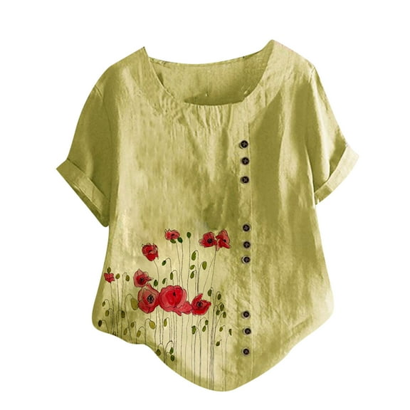 under $5 Omexry Womens Tops Clearacne Womens Plus Size O-Neck Short Sleeve Print Buttons Cotton Linen Vintage Tops