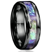 8mm Abalone Shell Tungsten Rings for Men Black Wedding Bands with Faceted Edge Size 6-14
