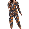 thumbnail image 2 of Halloween Plus Size Women's Pajama Set Pumpkin Ghost Bat Print Long Sleeve Crew Top Elastic Cuff Jogger Pants Soft Breathable Festive Night Loungewear, Ladies Pajamas Sets Red XL, 2 of 6