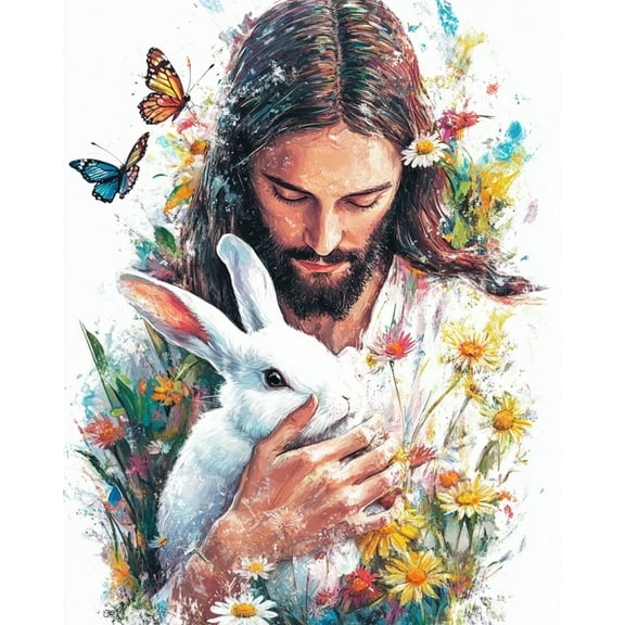 Paint by Numbers for Adults Kids Beginner Jesus and the Little White Rabbit DIY Acrylic Painting by Numbers Kits with Brushes Acrylic Pigment Home Decoration Gifts 16 x 20 inch
