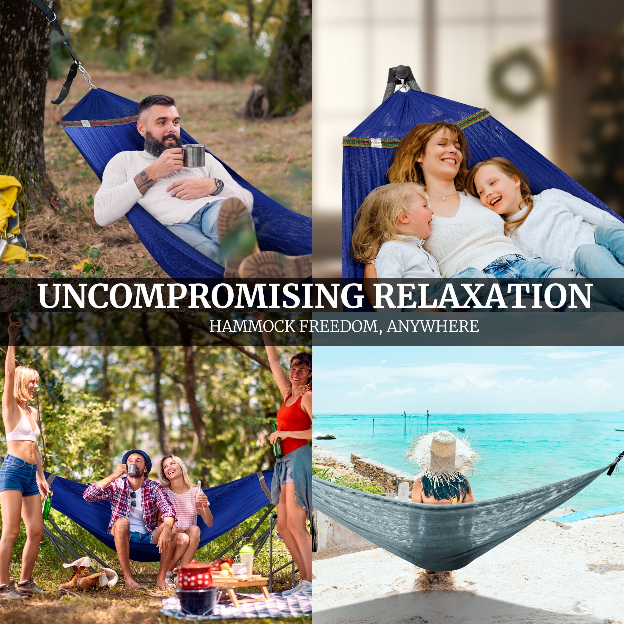 Tranquillo 600lb Capacity 2 Persons 2 Hammocks Included/Foldable Portable Hammocks with Stand, Tree Straps, Carry Bags for Garden Camping, Blue