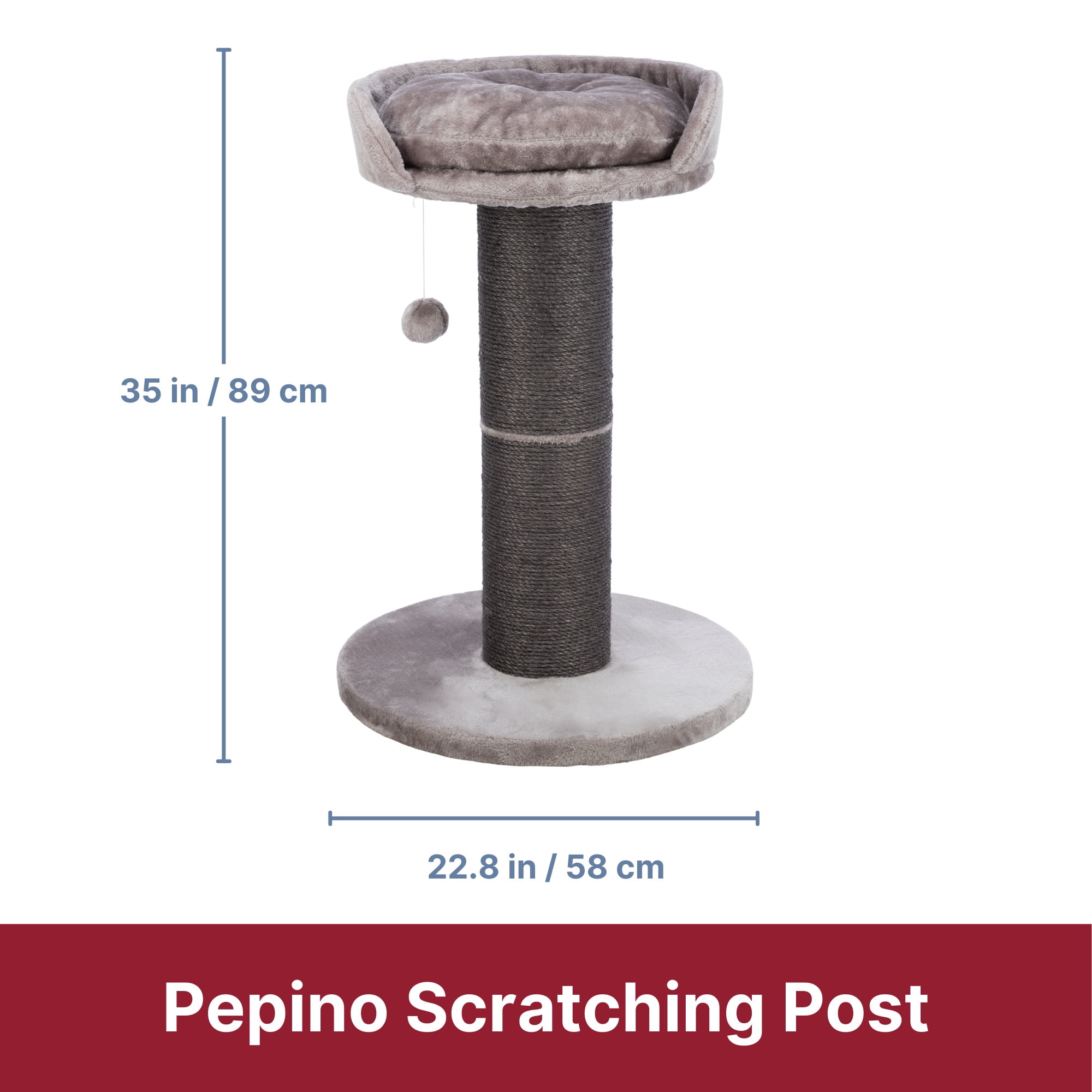 TRIXIE Pepino Sisal 35" Scratching Post with Plush Platform Bed and Dangling Cat Toy, Gray