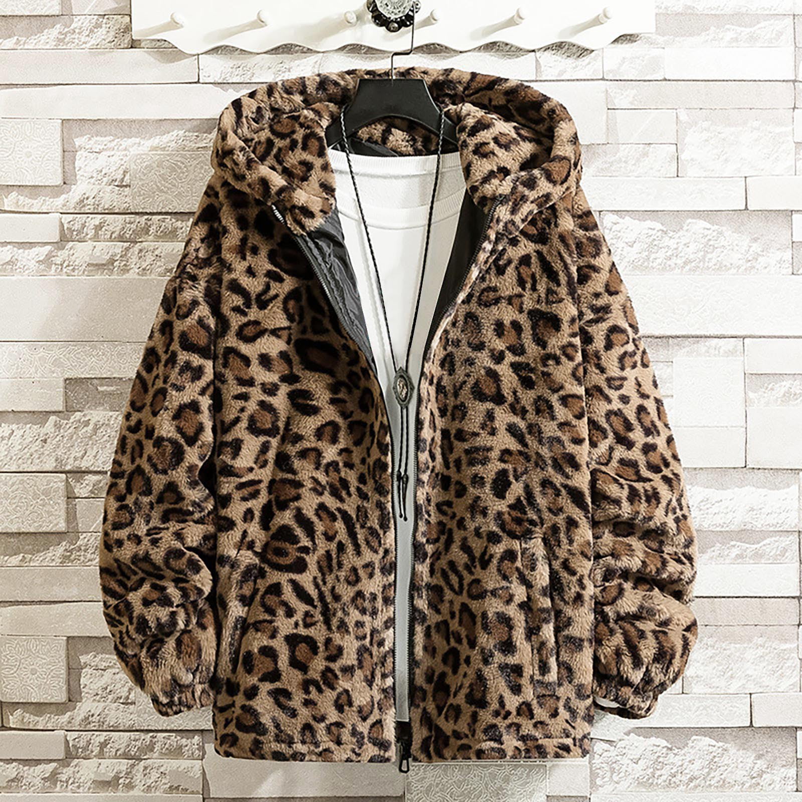 Women Plus Size Coat New Leopard Print Hooded Mid Women'S Gold Flannel Zipper Jacket -