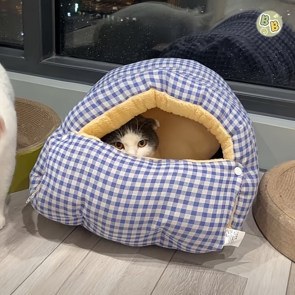 Plush Cat Bed - Fully Enclosed Detachable Multi-Functional Cat Bed for Winter Warmth, Large Space Suitable for 1 Adult Cat or 2 Kittens, Blue Check