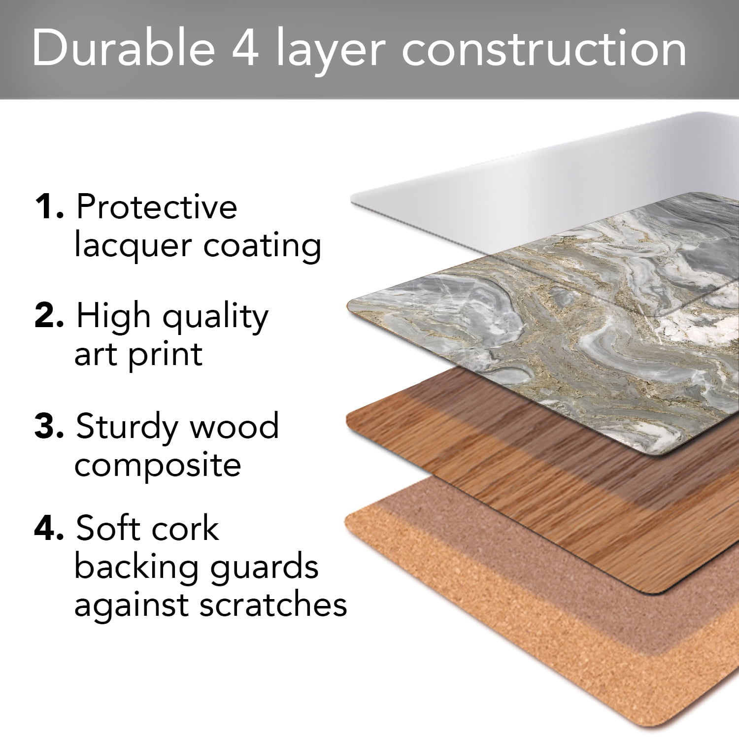Cala Home "Quartz Design" Premium Decorative Hardboard Cork Back Tabletop Placemats 4 Pack