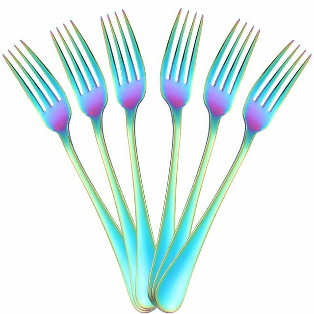 Dinner Fork Set Rainbow 6 Piece 18/10 Stainless Steel Kitchen Flatware 8-Inch Modern Salad Dessert Forks Only Service For 6 Colorful Silverware Utensils Cutlery Dishwasher Safe Multicolor