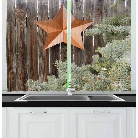 Primitive Country Curtains 2 Panels Set, Big Orange Star on Rough Wood Fences Pine and Branches Print, Window Drapes for Living Room Bedroom, 55W X 39L Inches, Orange Green Brown, by