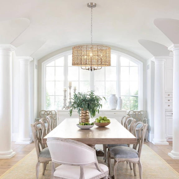 Nevarez 18.9 in. 5-Light Nickel Bohemian Pendant Natural Rattan Dimmable Chandelier with Hand Woven Drum Shade