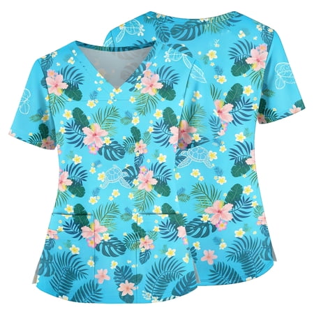 Hawaiian Scrub Tops for Women Short Sleeve Vneck Stretch Holiday Scrub Shirt Cute Floral Print Nursing Workwear with 2 Pockets Blue XXXL