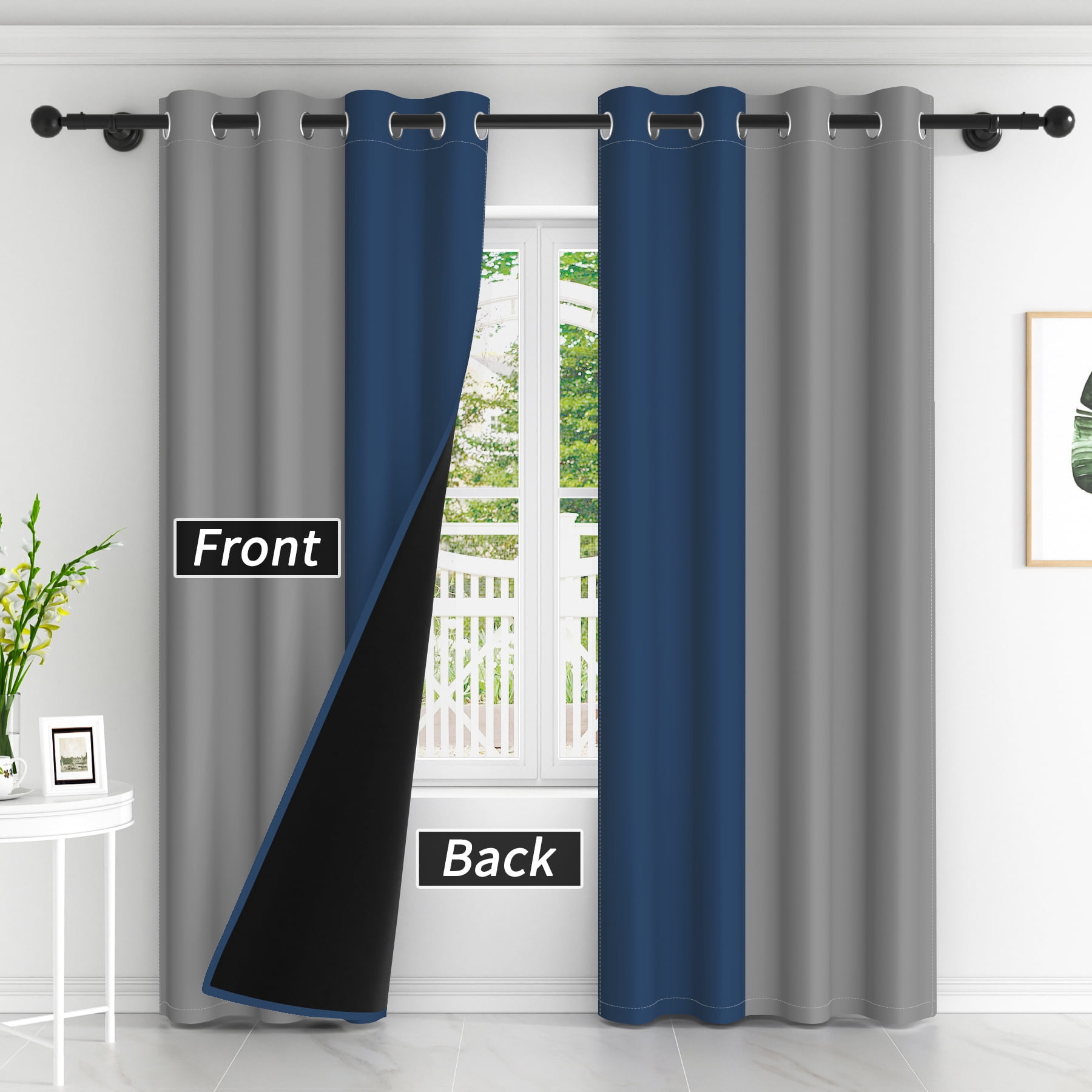 Lfeey Blackout Curtains 96 inches long, Navy Blue Gray Grommet Curtains, 2 Panels