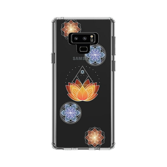 DistinctInk Clear Shockproof Hybrid Case for Samsung Galaxy Note 9 - TPU Bumper, Acrylic Back, Tempered Glass Screen Protector - Lotus Flower and Mandalas