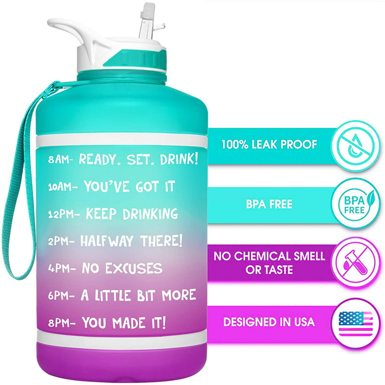 HydroMATE Water Bottle with Time Marker with Straw and Handle 64 oz BPA Free Water Jug Reusable Leakproof Half Gallon Bottle Purple Turquoise