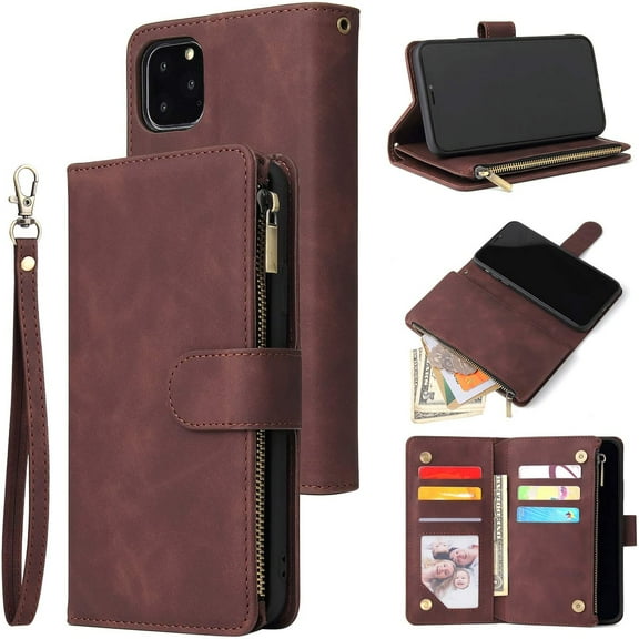 Wallet Case for iPhone 11 Pro, Premium Vintage PU Leather Magnetic Closure Handbag Zipper Pocket Case Kickstand Card Holder Slots with Wrist Strap TPU Shockproof Flip Cover - Coffee