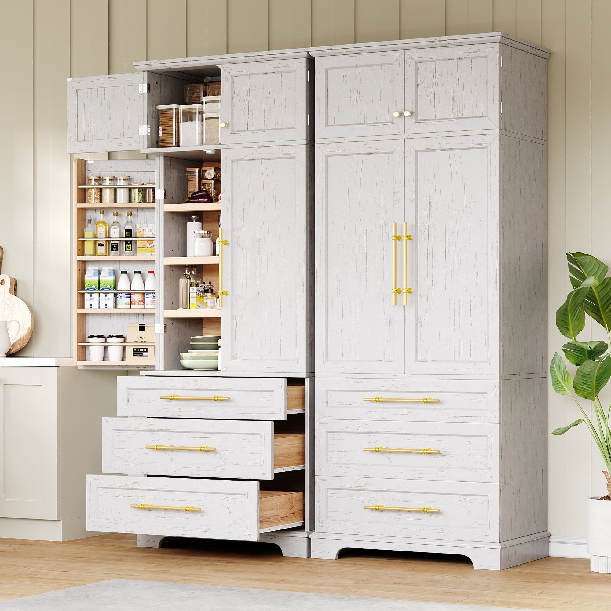 Mintazer 78" Tall Farmhouse Pantry Cabinet with Adjustable Shelves & Door Shelves, Freestanding Storage Cabinet with 3 Large Drawers & Gold Hardware for Kitchen Dining Room Living Room, White