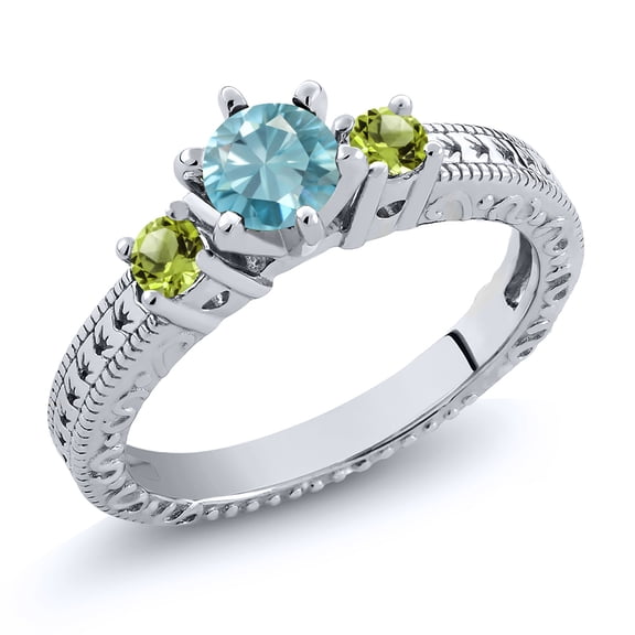 Gem Stone King 1.09 Ct Round Blue Zircon Green Peridot 925 Sterling Silver Ring (Size 6)