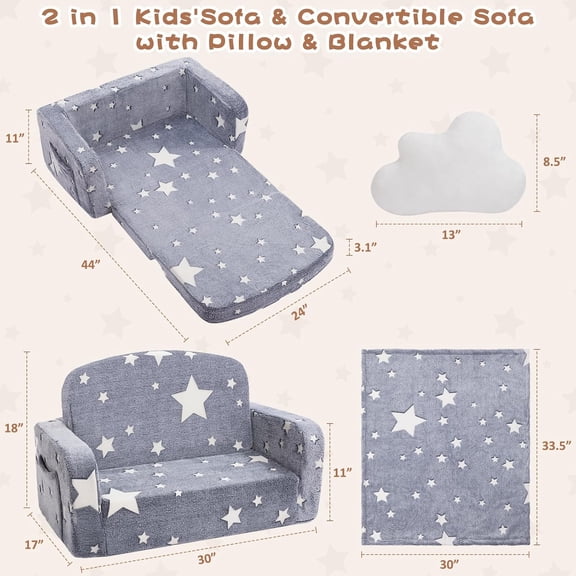 Wide Kids Couch 2-in-1 Soft Couch with Blanket Glow in Dark  Chair Cloud Pillow Convertible Sofa  Pattern