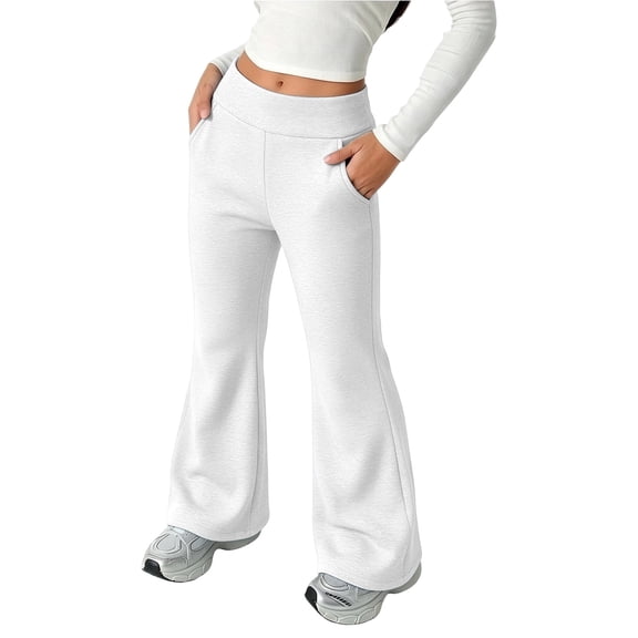 WhouRiu Girls Casual Sweatpants Solid Color Elastic Waist Loose Flared Pants Kids Comfortable Versatile Daily Trousers With Pockets,7-8 Years