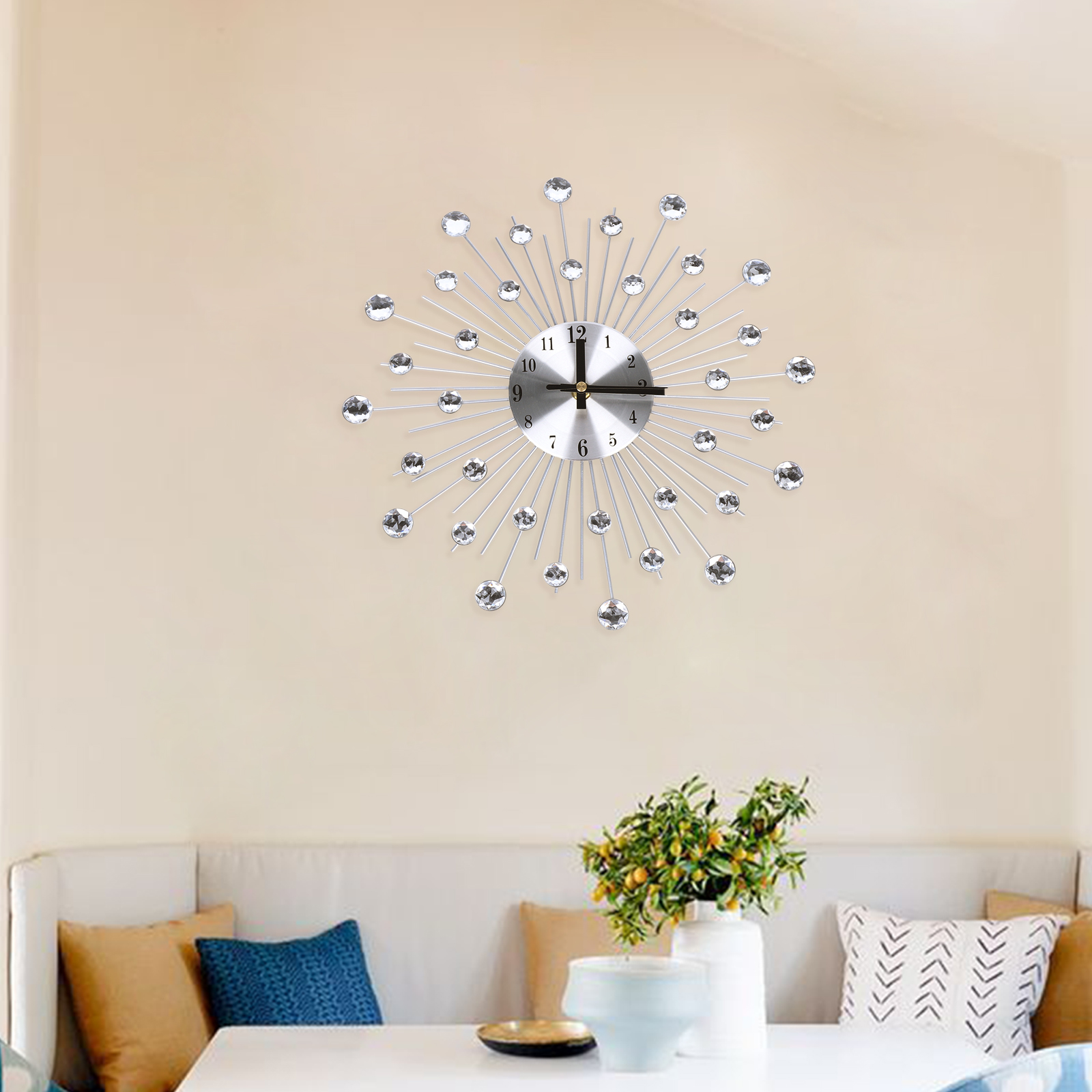 Miumaeov 13" Metal Wall Clock With Decorative Glass Crystal For Living Room Decor