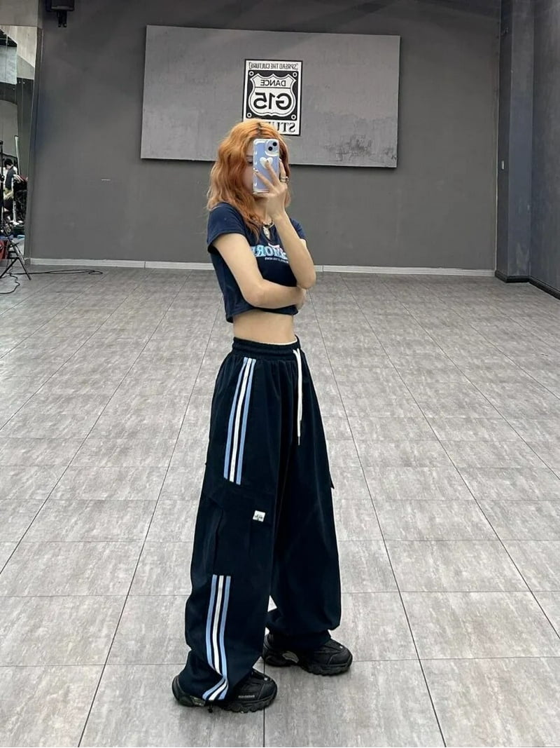 パンツ LGB black stripe cropped trousers Y2K A.LAB Leo Y2K Rave Black Wide Leg Cargo Pants at Hamilton