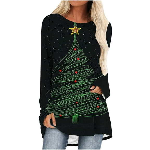 SELONE Christmas Shirts for Women Holiday Long Sleeve Xmas Pullover Tops Christmas Tree Tees Blouses Christmas Themed Clothing Christmas Outfits Ideas Holiday Attire Green Black M
