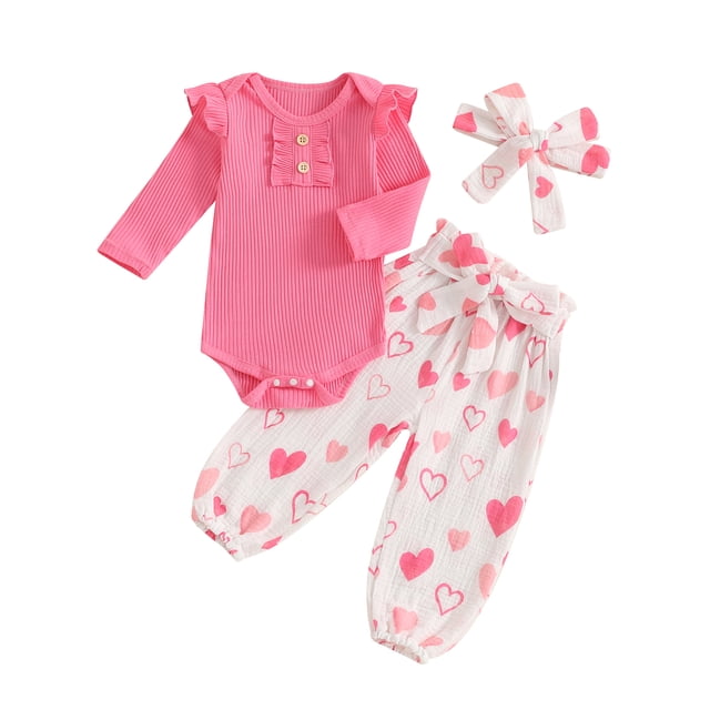 Gupgi Ensemble de la Saint-Valentin pour Bébé Fille Body à Manches Longues Col Rond Pantalon Imprimé Cœur Bandeau