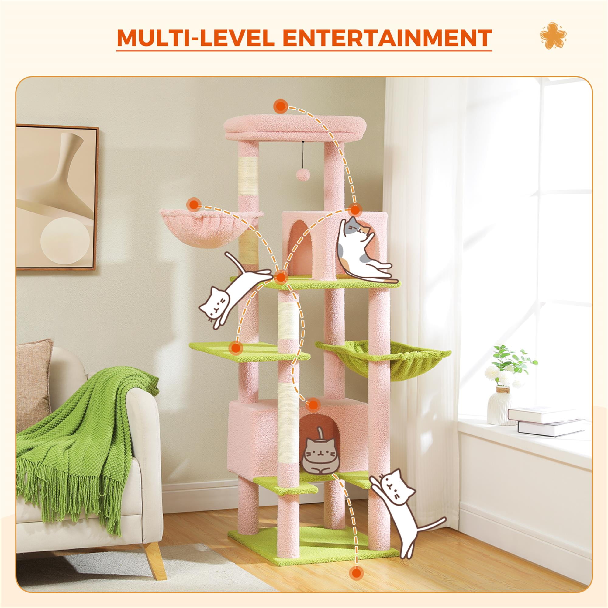 Kadyn 66" Cat Tree Tower for Big Cats, Cat Tree House Furniture with Hammock, Indoor Cat Condo for Adult Cats, Pink
