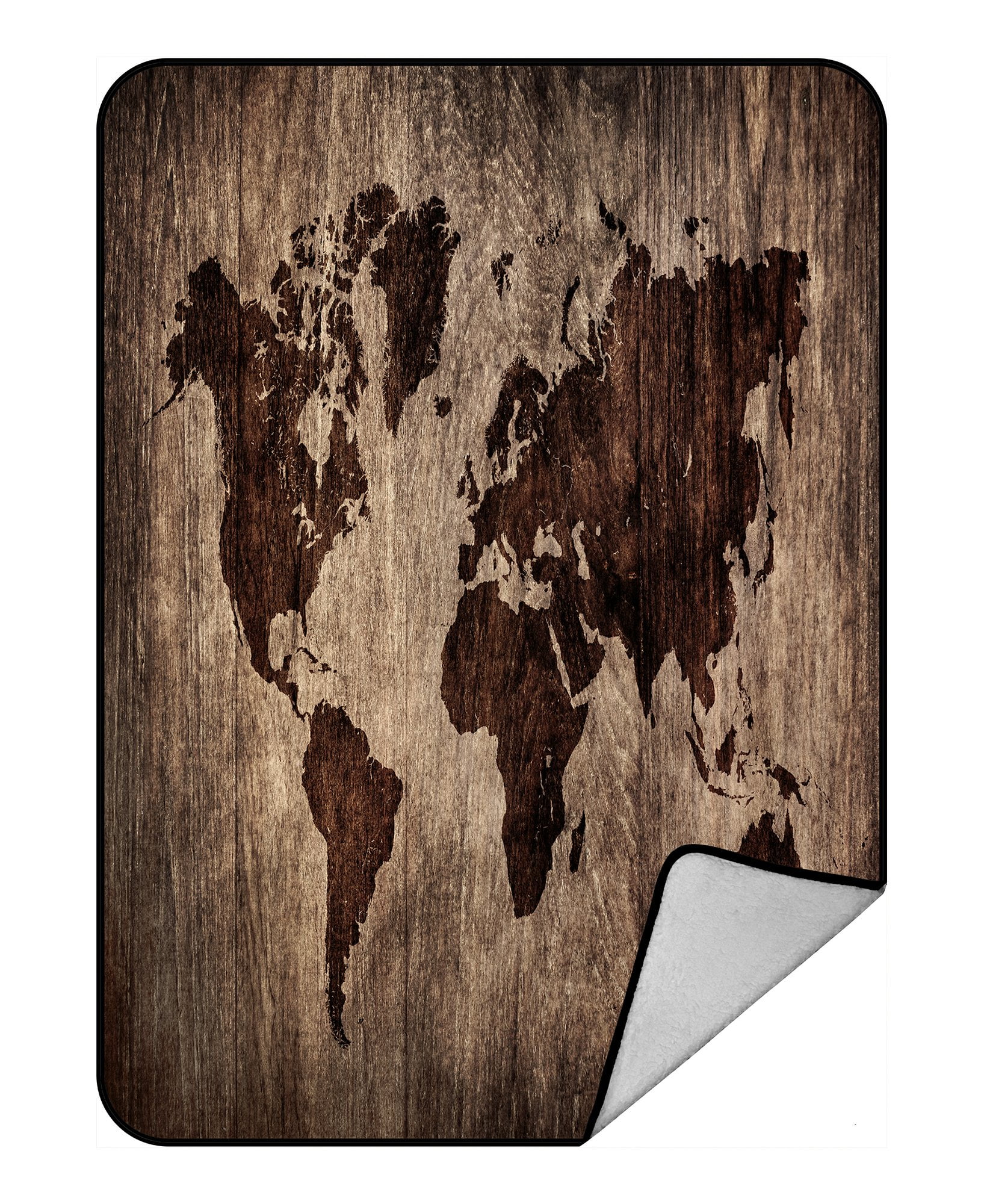 PHFZK Earth Map Blanket, World Map on Wooden Pattern Fleece Blanket