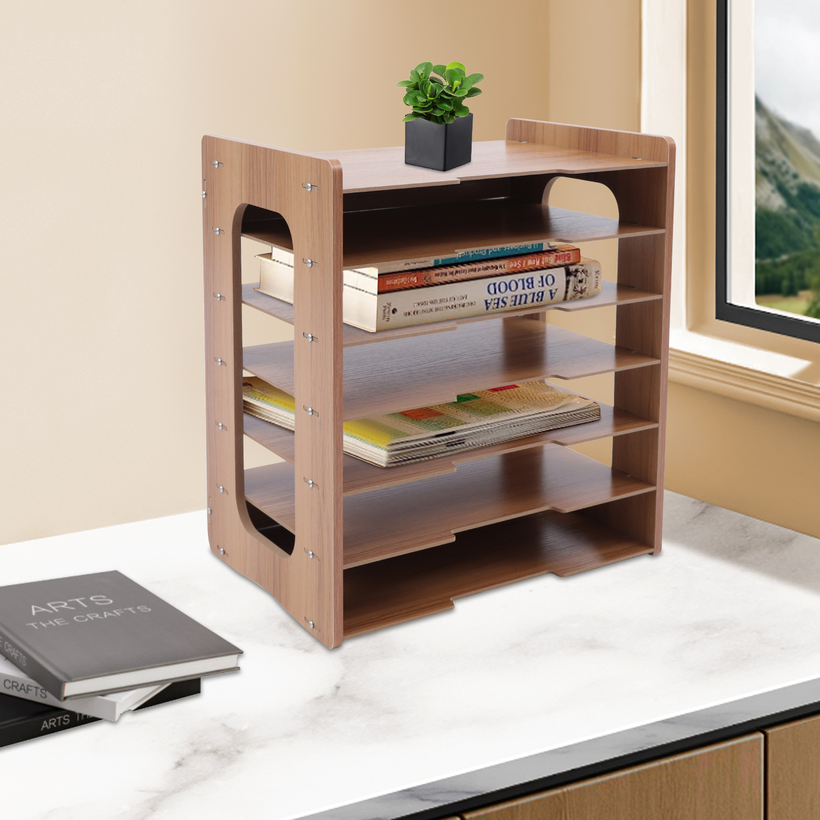 36*25*38.5cm Rectangular Natural Wood Color Widen Wood Office Paper Organizer Desk Desktop File Holder Desk Letter Tray