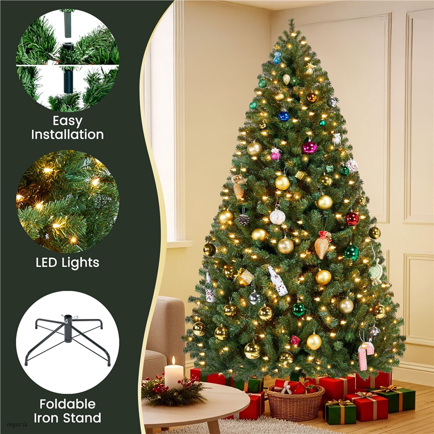 Alden Design 7.5FT Artificial Pre-lit Christmas Fir Tree with Foldable Stand and 550 LED Warm Lights,Green