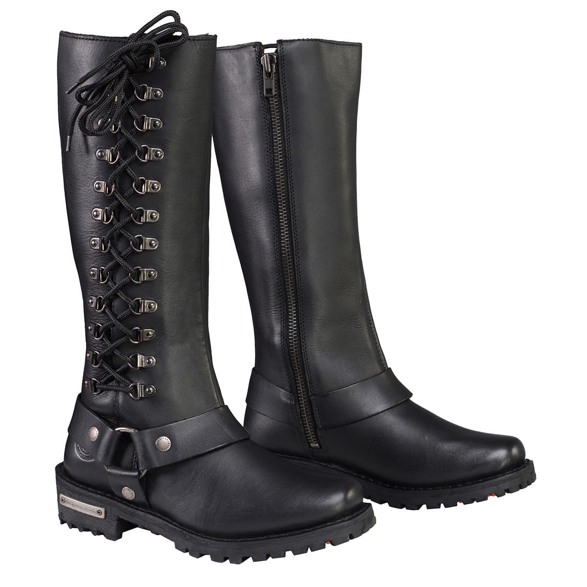 5W Milwaukee Leather MBL9365W Ladies Wide Width Black 14 Inch Classic Harness Square Toe Leather Boots with Lacing Detail