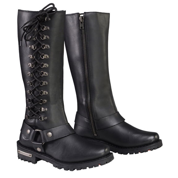 Milwaukee Leather Women's Wide-Width Classic Black Leather 14-Inch Harness Square Toe Tall Motorcycle Boots MBL9365W 8W