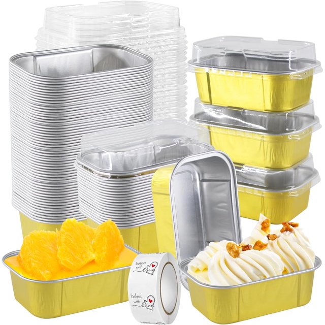 100Pack Aluminum Foil Cake Pans with Lids, 5.7oz Disposable Individual Cheesecake Pans Disposable Ramekins 168ml Gold Mini Loaf Pans for Baking Small Baking CupsDessert Cake Containers for Muffin