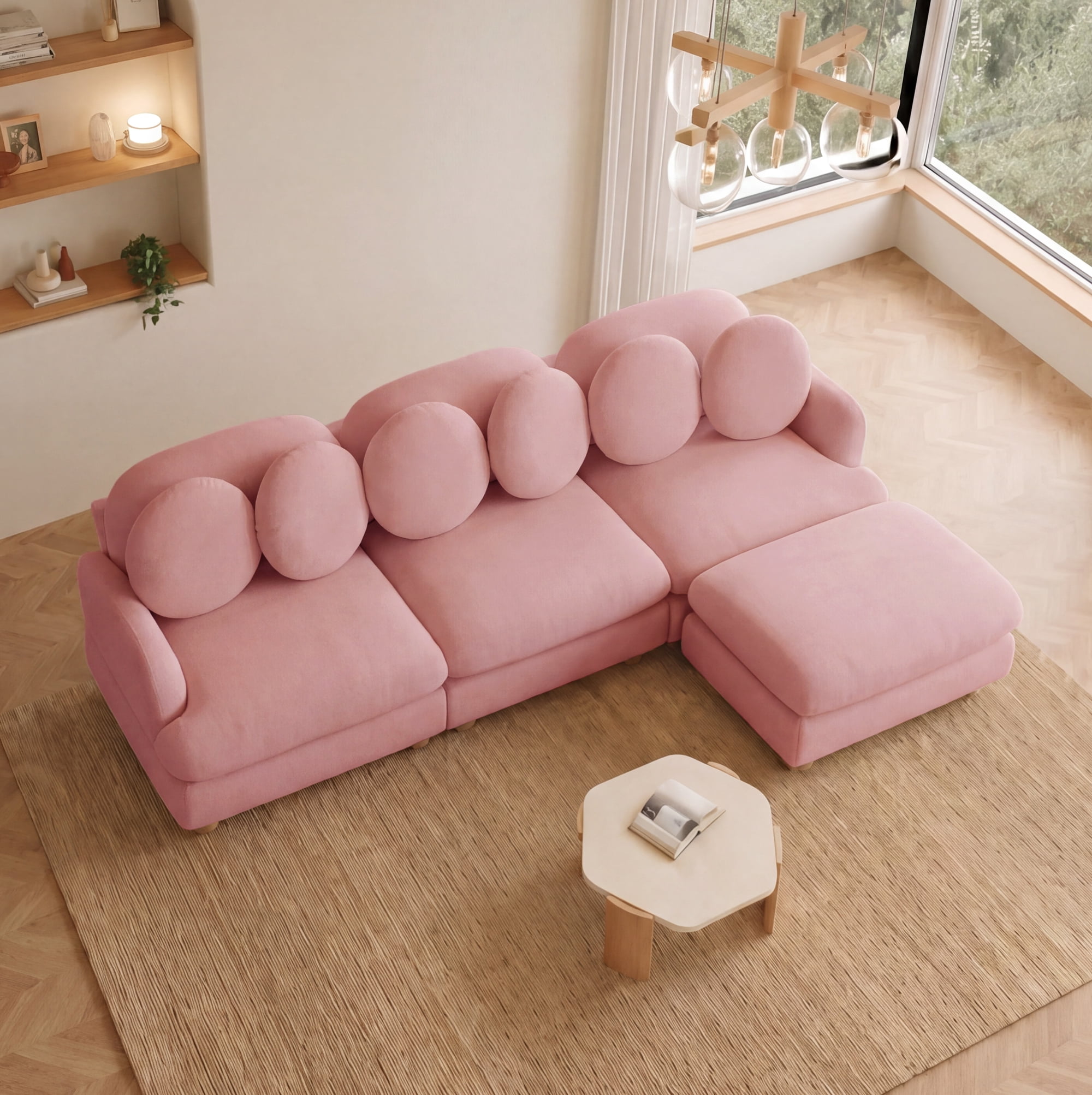 95" L-shaped 4 Seater Comfy Chenille Modular Sectional Sofa Couch with 6 Throw Pillows and Ottoman