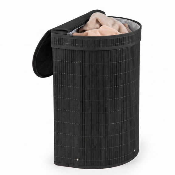 ALPULON 19 Gal Bamboo Laundry Hamper with Zippered Lid, Foldable Clothes Basket with Removable Washable Liner Bag and Metal Frame for Bedroom Bathroom Laundry, Black
