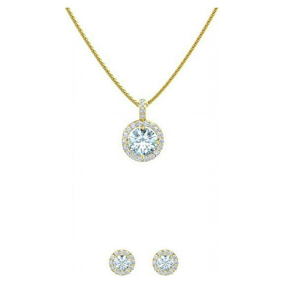 Bonjour Jewelers 18K Yellow Gold 1ct Halo Aquamarine Round 18 Inch Necklace And Halo Earrings Set Plated