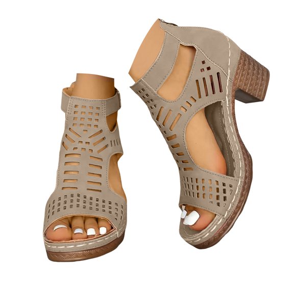 IUJSOY Block Heel Sandals for Women Hollow out Back Zipper Buckle Ankle Strap Stacked Heeled Sandals