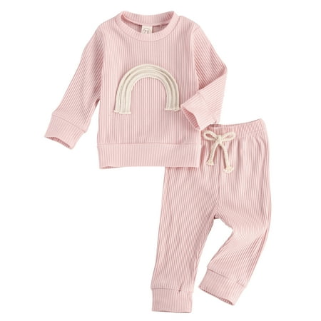 

Nokpsedcb 2PCS Infant Baby Boys Girls Rainbow Print T-shirts Pants Ribbed Knitted Outfits Pink 6-12 Months