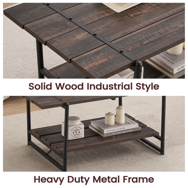 Bingirl 2-Tier Wood and Metal Coffee Table - Dark Oak Storage Shelf for Small Living Rooms
