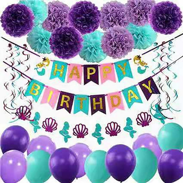 Juego de decoraciones de cumpleaños de Sirenita, decoración de cumpleaños para niñas, pancarta de feliz cumpleaños, pompones de papel de seda, remolinos colgantes para decoraciones de fiesta de cumpl JAMW Sencillez