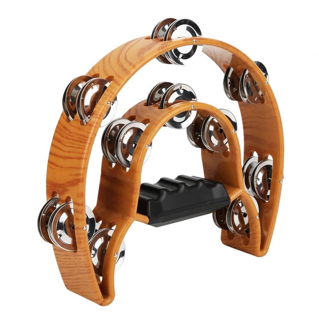 Doble media luna pandereta musical doble pandereta Handbell metal con agarre ergonómico instrumento de percusión para KTV Partido Iglesia imitación madera Color