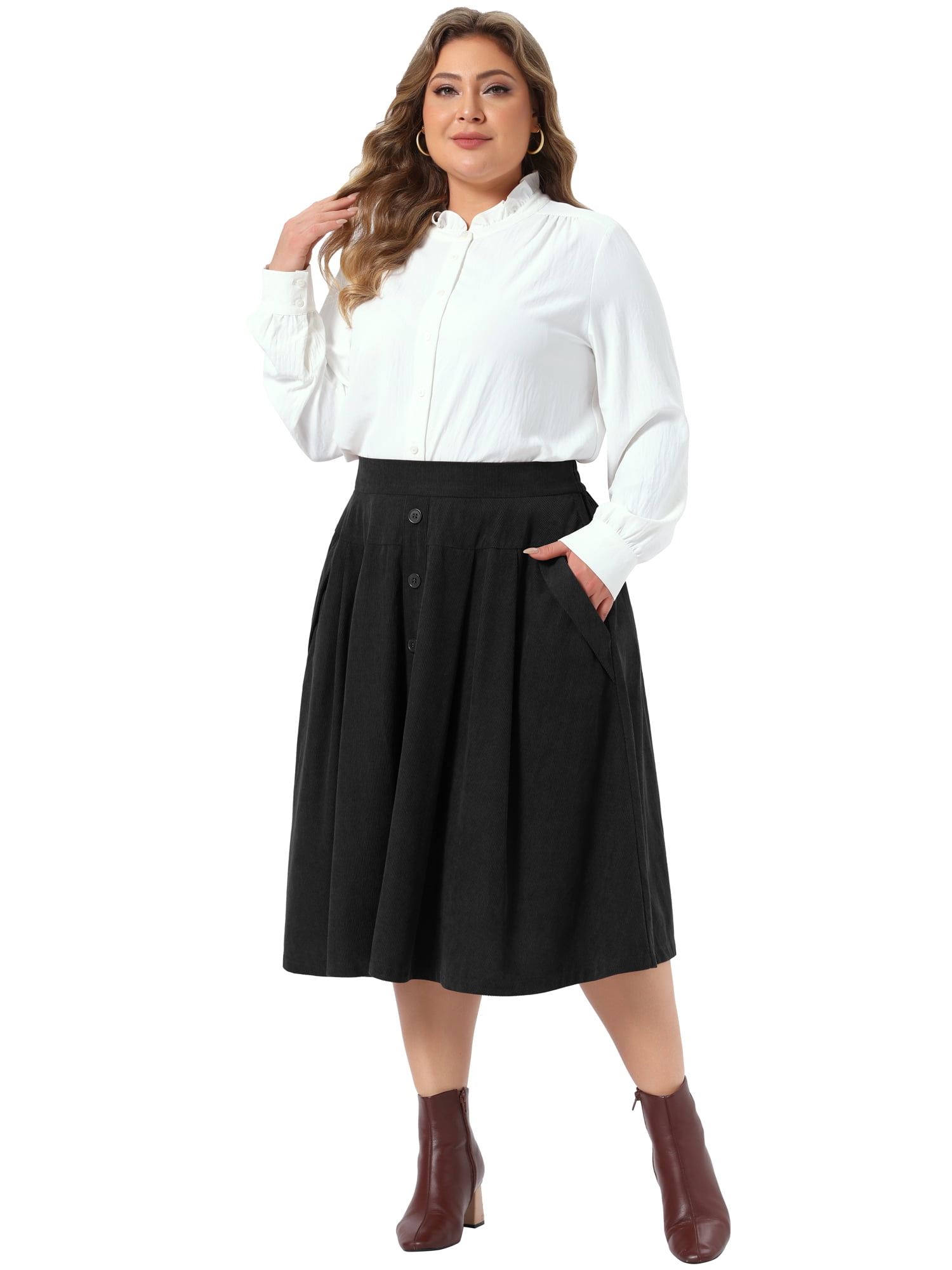 DARING DIVA Women's Plus Corduroy Midi A-line Soft Corduroy Skirt 1X Black