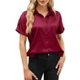 thumbnail image 2 of WTXUE Button-Up Shirts Short Sleeve, Notch Neck Shirts for Women's Satin Button Down Shirt Summer Casual Top Workwear for Women Red L, 2 of 8