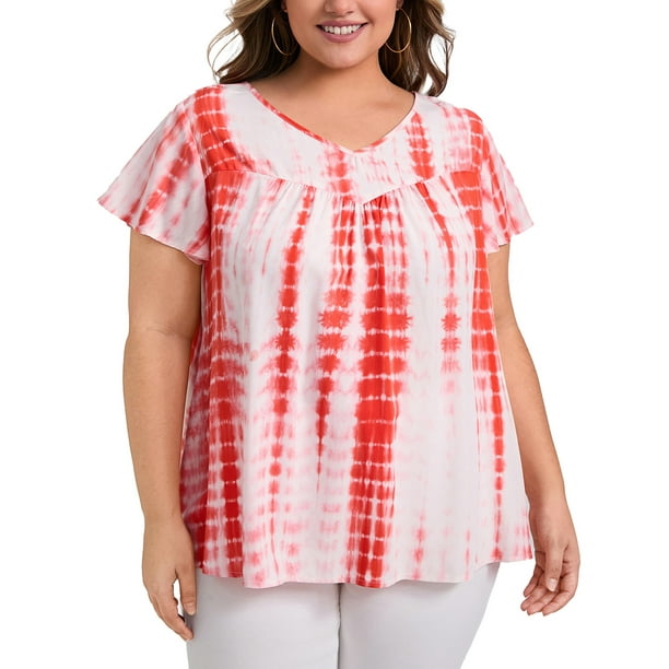 GRACE & GRANDEUR Blusas de Talla Grande para Mujeres con Mangas Cortas con Volantes, Camisetas Tie Dye, Blusas con Cuello en V y Pliegues 1X Naranja