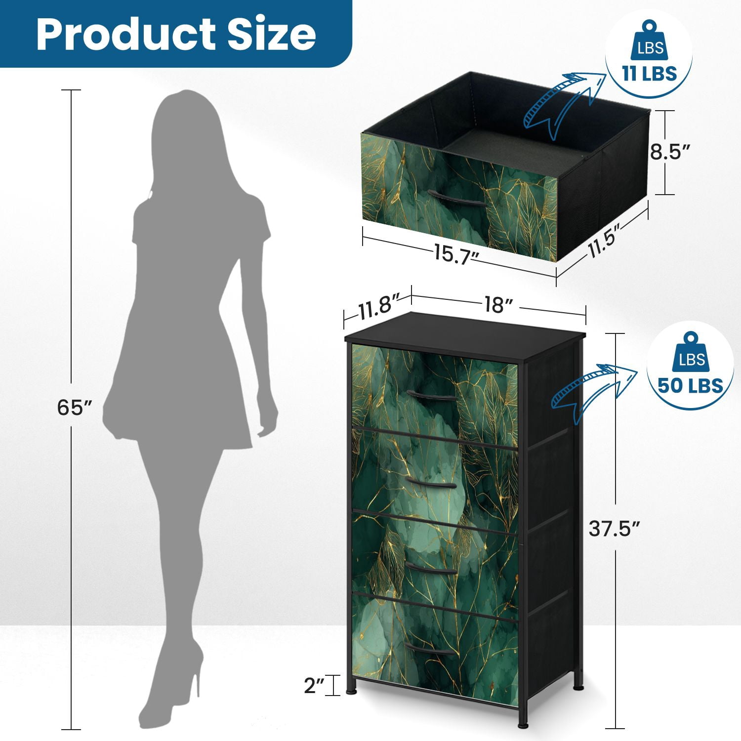 Vintage Dresser for Bedroom with 4 Storage Drawers Abstract Green Gold Botanical Leaves Watercolor Dressers Chest of Drawers Steel Framed Fabric Closet Organizers for Nursery Entryway