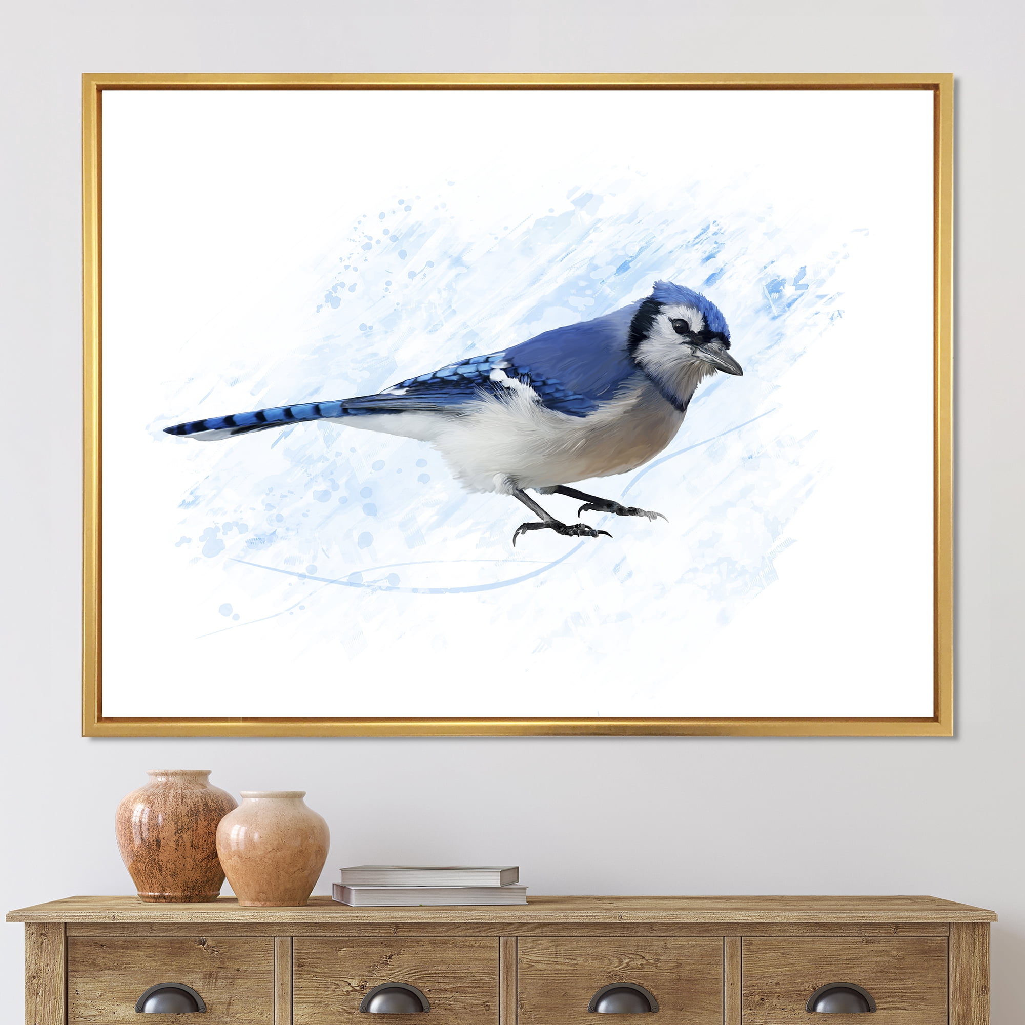 Designart 'Ancient Blue Jay Bird' Traditional Framed Canvas Wall Art Print